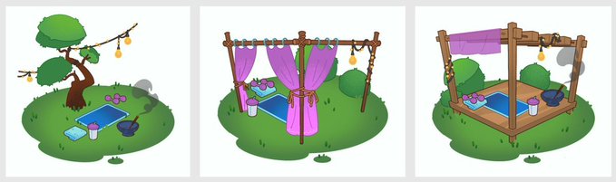 The image shows three different scenes of a person's bedroom, each with unique elements that contribute to creating a relaxing atmosphere. The first scene features a bed with purple curtains, while the second scene has a tree branch hanging from the ceiling. The third scene depicts a bed with a canopy and a small table next to it. These scenes are arranged in a row on a gray background, which highlights their distinct characteristics and creates an overall sense of harmony within the image.