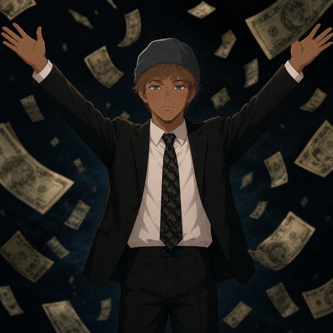 An anime-style illustration shows a young man in a black suit, white shirt, patterned tie, and dark beanie standing with his arms raised triumphantly as dollar bills rain down around him against a dark background. The image visually echoes the post's theme of celebrating memecoin hype and "green candles," representing the euphoric, money-raining atmosphere of crypto cycles—while the text hints that enduring value lies beyond the flashy spectacle.
