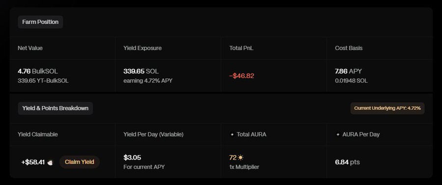 A cryptocurrency yield farming dashboard showing 'Net Value' of 4.76 BulkSOL / 339.65 YT-BulkSOL, 'Yield Exposure' of 339.65 SOL earning 4.72% APY, and 'Total PnL' of -$46.82.