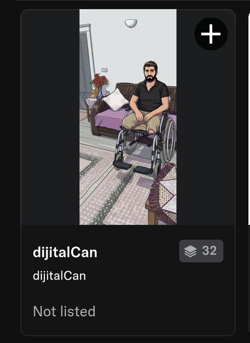 A digital illustration titled "dijitalCan" (32 layers) shows a bearded man in a wheelchair seated in a living room with a couch, flowers, and patterned rug. The artwork honors @dijitalCann, who lost both legs in the February 6 earthquakes, as part of a 32-NFT mint by the @Veritas_Hubs project.