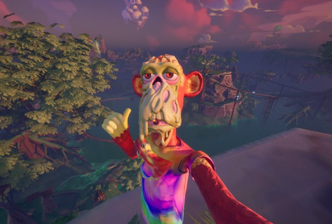 A 3D-rendered stylized character with an elongated face taking a selfie, giving a thumbs-up against a vibrant tropical sunset landscape with cliffs and trees.