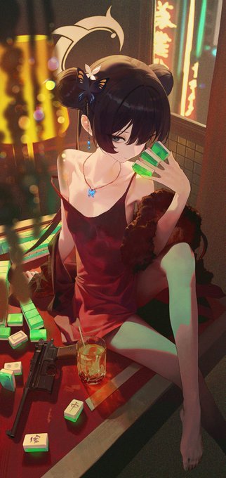 An anime-style girl in a red dress sits amid scattered mahjong tiles, stacks of cash, a revolver, and a drink in a neon-lit setting, evoking high-stakes gambling and risk. The imagery of casino chips, money, and a firearm visually reinforces the post's metaphor about market "whales" leaving a few "lucky ones" standing to keep the legend of overnight fortunes alive.