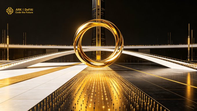 A glowing golden ring structure set within a futuristic black-and-gold stage represents the interconnected ecosystem described in the post, with the "ARK | DeFAI - Code the Future" logo in the corner reinforcing the project's branding as it frames ARK's vision of AI-driven DeFAI powering connected Web3 participation and shared progress.