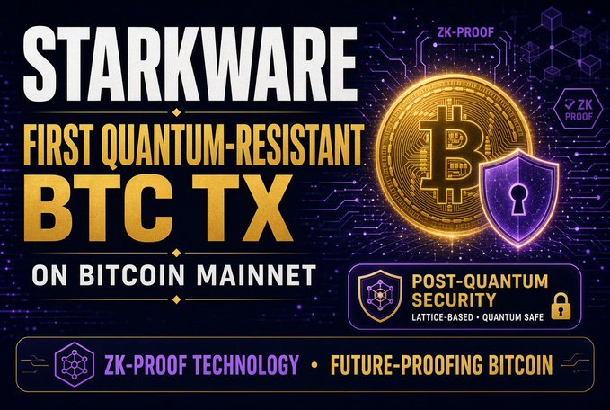 A promotional banner for STARKWARE announcing the 'FIRST QUANTUM-RESISTANT BTC TX ON BITCOIN MAINNET,' featuring a Bitcoin graphic and 'ZK-PROOF' and 'POST-QUANTUM SECURITY' labels.