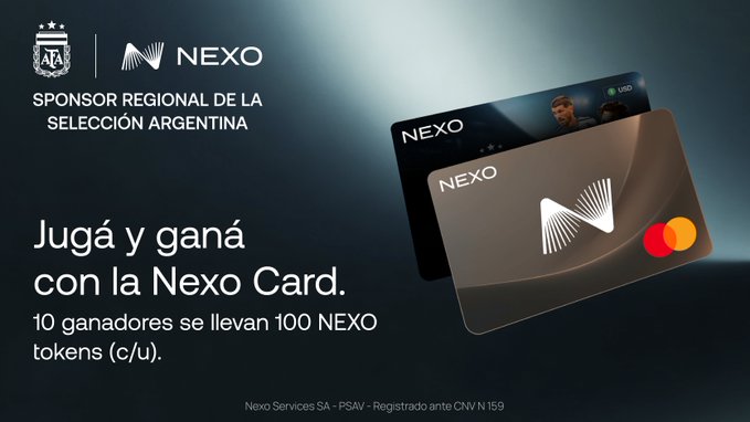 A promotional advertisement for NEXO featuring the Argentinian Football Association (AFA) logo, displaying a NEXO Card and text reading 'SPONSOR REGIONAL DE LA SELECCIÓN ARGENTINA' and 'Jugá y ganá con la Nexo Card. 10 ganadores se llevan 100 NEXO tokens (c/u).'