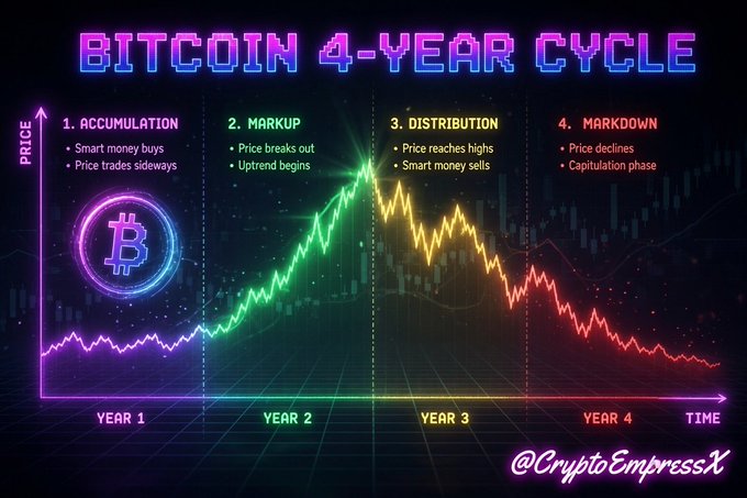 The image shows a colorful chart or graph depicting Bitcoin's four-year market cycle, which has four distinct periods (peak, trough, bull, bear) with prices moving in either upwards or downwards. This visual representation can help provide insight into the cryptocurrency's price history and potential future trends within the cryptocurrency market landscape.