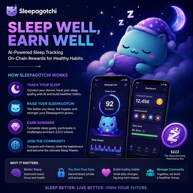 A promotional graphic for 'Sleepagotchi,' an AI-powered sleep tracking app offering on-chain rewards, featuring a sleeping cat mascot and mobile dashboard mockups.