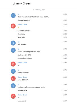 A Telegram chat screenshot with user "Jimmy Green" (TG: @long_991, ID: 7635649994) showing exchanges from February 25, 2025, discussing ETH mark price orders and a $150 withdrawal request, seemingly related to funds from a Bybit exploit investigation.