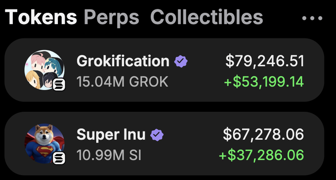 The image shows a portfolio tracker displaying "Tokens" with two meme coins: Grokification ($GROK) valued at $79,246.51 (+$53,199.14) with 15.04M GROK held, and Super Inu ($SI) valued at $67,278.06 (+$37,286.06) with 10.99M SI held. The post references both $GROK and $SI as tokens being given away in a giveaway, highlighting the strong gains on these specific holdings.