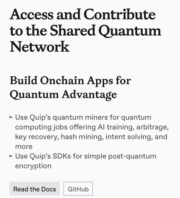 A screen shot of a page from Quip network showing the process for building apps that require Quantum mining. The title appears to be "Access and Contribute to the Shared Quantum Network", which implies that users can contribute to this new distributed computing platform called Quip's SdkKs, enabling them to access the advantages offered by the shared quantum computing ecosystem through their apps designed for Quantum annealing computers.
