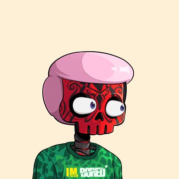 An NFT avatar character wears a pink beret, has a red skull-like face with large white eyes, and sports a green camouflage shirt with an 'IMX IMX' logo.