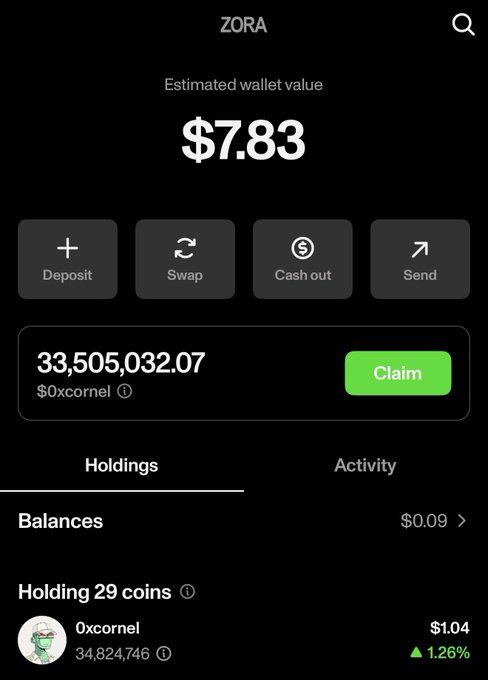 A screenshot of the Zora wallet interface showing an estimated wallet value of $7.83 and a claimable balance of 33,505,032.07 $0xcornel tokens, illustrating the post's point about the underwhelming $ZORA airdrop where most users received only a small allocation.