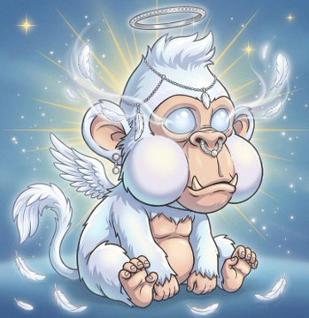 An illustration of a cute, white cartoon monkey with wings, glowing eyes, a halo, and angelic features, surrounded by floating feathers against a starry blue background.