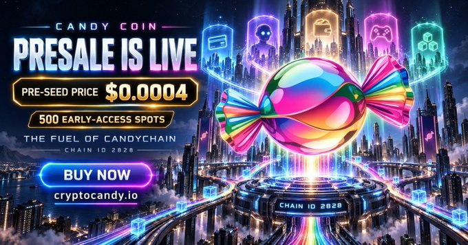 A promotional advertisement for 'Candy Coin' cryptocurrency presale at $0.0004, featuring 500 early-access spots and a colorful wrapped candy graphic in a futuristic city setting.
