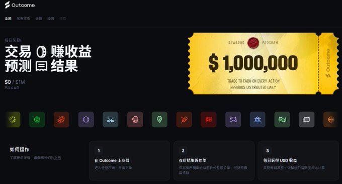 The image displays the Outcome.xyz platform homepage, featuring a $1,000,000 rewards program banner and showcasing a variety of prediction market categories including crypto, sports, economy, finance, and politics. The promotional layout aligns with the post's announcement of the platform's 8/29 launch, emphasizing its diverse real-world event offerings and on-chain settlement capabilities.