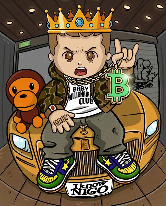 An anime-style cartoon illustration titled 'I know NIGO' depicting a chibi character wearing a gold crown, a 'BABY BILLIONAIRE CLUB' shirt, and holding a Bitcoin pendant while sitting on a gold car.