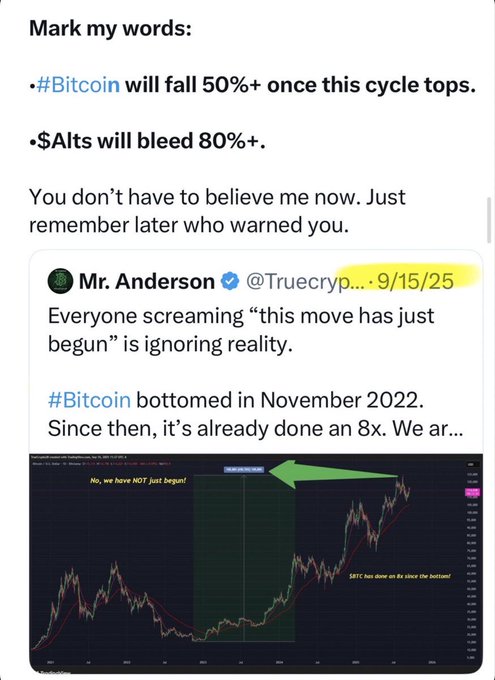 A crypto prediction post from Mr. Anderson (@Truecrypt...) dated 9/15/25 warns that Bitcoin will fall 50%+ and altcoins will bleed 80%+ after the cycle tops, accompanied by a chart captioned "No, we have NOT just begun!" showing Bitcoin's 8x gain since bottoming in November 2022. The image illustrates the post's theme about cycle timing—how most investors dismiss warnings near market tops, just as they will dismiss any signs of an approaching bottom, because long trends convince people they can never end.