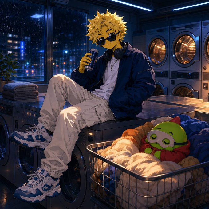 An anime-style illustration of a blonde character wearing sunglasses and a blue jacket, sitting on washing machines and holding a can, next to a laundry cart containing a green figure.