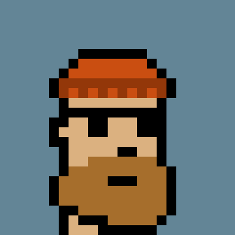A low-resolution pixel art portrait of a character with a beard and brown hair against a solid blue background.