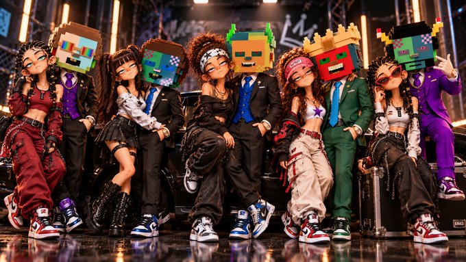 A group photo of eight stylish figures in hip-hop fashion, some wearing pixelated Minecraft-style character masks, posing together in a colorful urban setting.