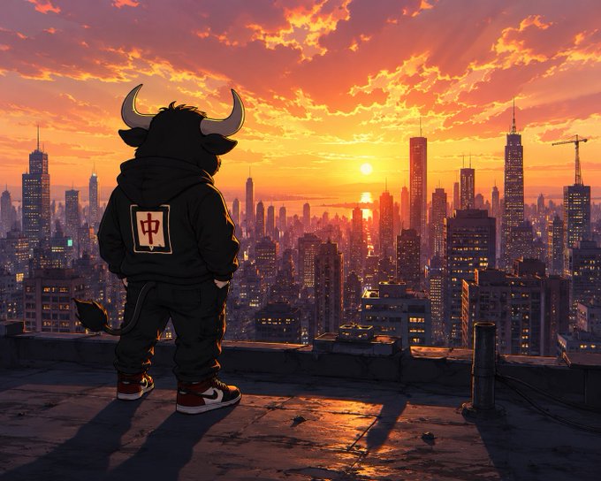 An anime-style illustration of a bull-headed character wearing a black hoodie with a Chinese character on the back, standing on a rooftop overlooking a city skyline at sunset.