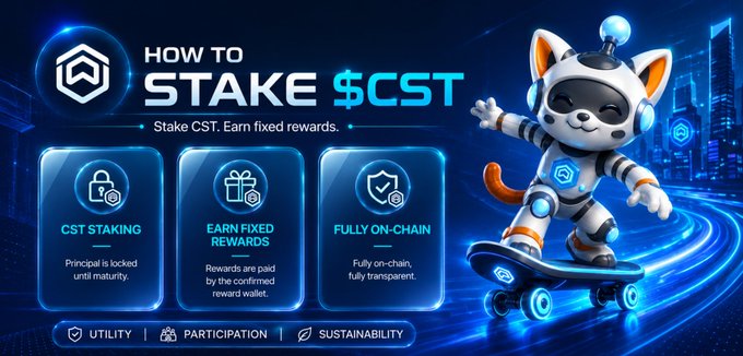A promotional graphic titled "HOW TO STAKE $CST" features a futuristic robot cat mascot on a hoverboard alongside three feature panels highlighting "CST STAKING," "EARN FIXED REWARDS," and "FULLY ON-CHAIN" functionality, with bottom tags for Utility, Participation, and Sustainability—visually summarizing the staking process and benefits described in the accompanying post.