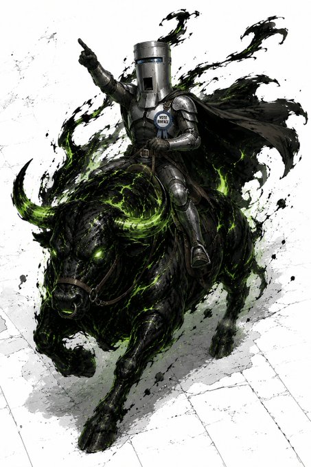 Fantasy artwork of an armored knight with a 'VOTE HERE' sign riding a black bull surrounded by glowing green energy and dark smoke.