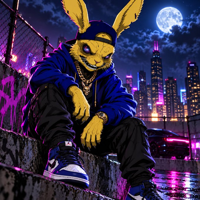 An illustration of an anthropomorphic yellow rabbit wearing a blue hoodie and cap, sitting on concrete steps against a vibrant neon city skyline with a full moon.