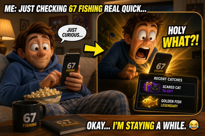 A meme image featuring a Pixar-style cartoon character discovering '67 FISHING' on a phone, with text 'JUST CHECKING 67 FISHING REAL QUICK...' and 'HOLY WHAT?! OKAY... I'M STAYING A WHILE.'