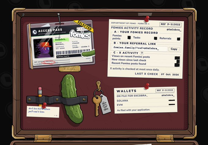 A corkboard displaying a fictional "Department of Fomo - Form FR-1" file with an access pass for user "@xcobra_", a "FOMIES ACTIVITY RECORD", and a "WALLETS" list mentioning "SOLANA" and "EVM", alongside a pickle and a key tagged "404".