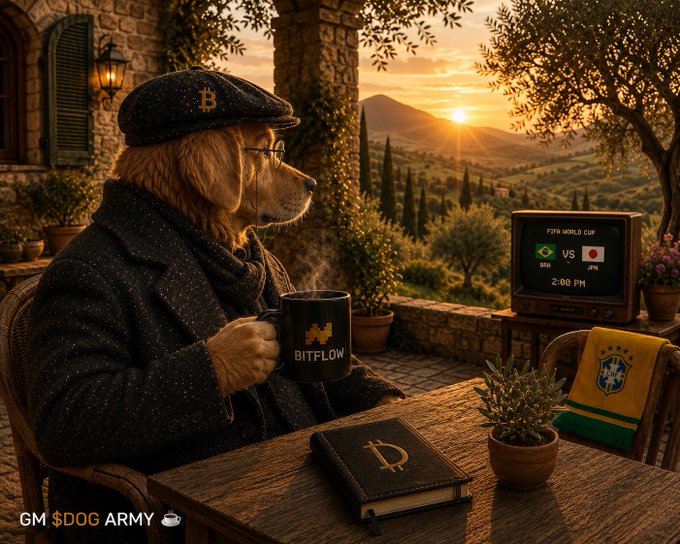 A golden retriever wearing a Bitcoin cap and glasses sits at a terrace at sunset holding a "BITFLOW" mug, while watching the FIFA World Cup match Brazil vs Japan at 2:00 PM on a vintage TV, with a Brazilian flag and "$DOG ARMY" notebook nearby, embodying the post's message of community spirit and supporting Brazil as the week begins.