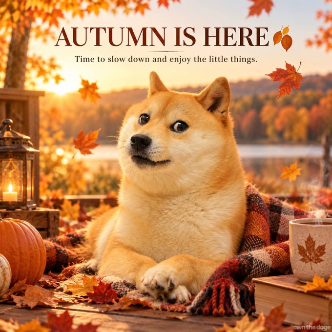 A Shiba Inu wrapped in a cozy plaid blanket sits among fallen leaves, pumpkins, and a steaming mug beside a lit lantern, with text reading "AUTUMN IS HERE" and "Time to slow down and enjoy the little things."
