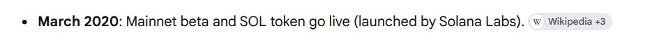 A Wikipedia bullet point stating 'March 2020: Mainnet beta and SOL token go live (launched by Solana Labs).'