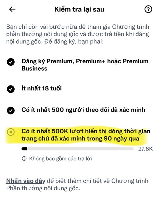 A Vietnamese TikTok eligibility screen for the original content reward program, with the 500K views requirement highlighted in yellow.