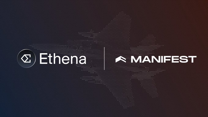 The image features a logo for a company named "Manifest" with two logos, one of which is an airplane design. The text "ethena" and "manifest" are written above the airplane logo, while "USDe" and "USH" are written below it. The rest of the image focuses on the Manifest logo, which includes a white airplane design in the center surrounded by dots.