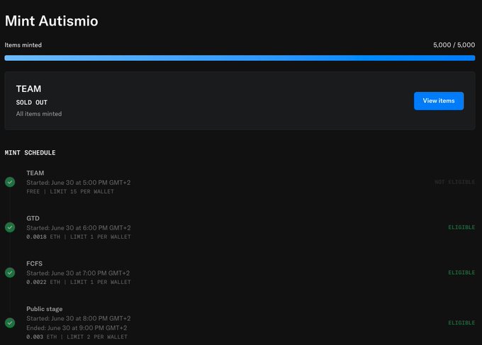 A webpage titled 'Mint Autismio' showing a mint schedule with 5,000/5,000 items minted and the TEAM tier sold out, followed by GTD, FCFS, and Public stage minting details with ETH prices and eligibility statuses.