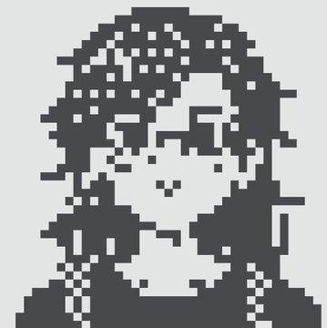 A pixelated grayscale self-portrait of a person with curly hair and dangling earrings.