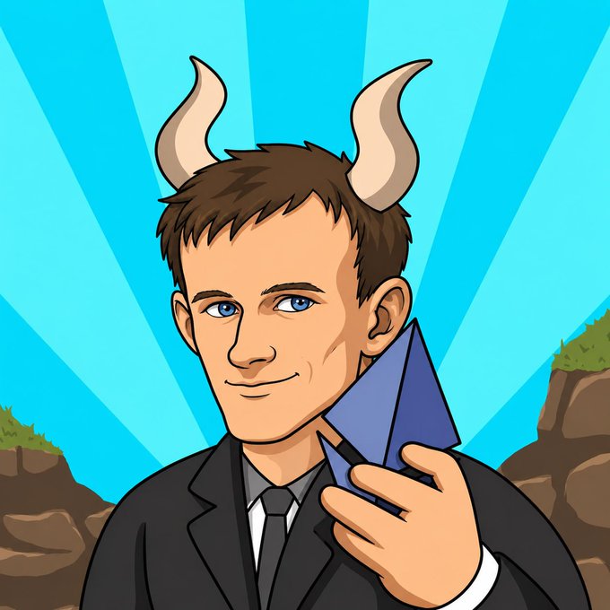 A cartoon-style illustration depicts Vitalik Buterin with bull horns, wearing a black suit and tie, holding a blue pyramid-shaped object against a vibrant blue sunburst background with rocky cliffs on either side. The image represents the "$VITALIK" Ethereum meme coin, blending the serious portrait style of Vitalik with playful bull imagery to symbolize a bullish tribute to the Ethereum co-founder.