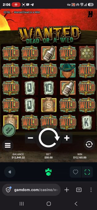 A mobile screenshot of the "Wanted Dead or a Wild" slot game on gamdom.com shows a recent spin with a balance of $12,840.32, a $50 bet, and a $12,165 win—matching the user's first big win on the game.