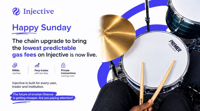 A promotional graphic for Injective featuring a drum set and drumsticks, announcing a chain upgrade for the lowest predictable gas fees, with mentions of RWAs, perp trades, and private transactions.