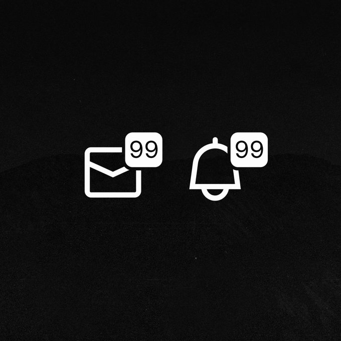 Two notification badges displaying "99" sit atop a mail envelope and bell icon against a dark background, symbolizing an overwhelming number of unread messages—humorously contrasting the user's claim of being "busy trading" while clearly ignoring their notifications.