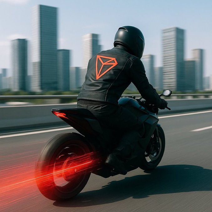 A digitally rendered image of a motorcyclist in black gear with an orange triangular logo on the back, riding through a city with skyscrapers and leaving red motion trails from the rear wheel.