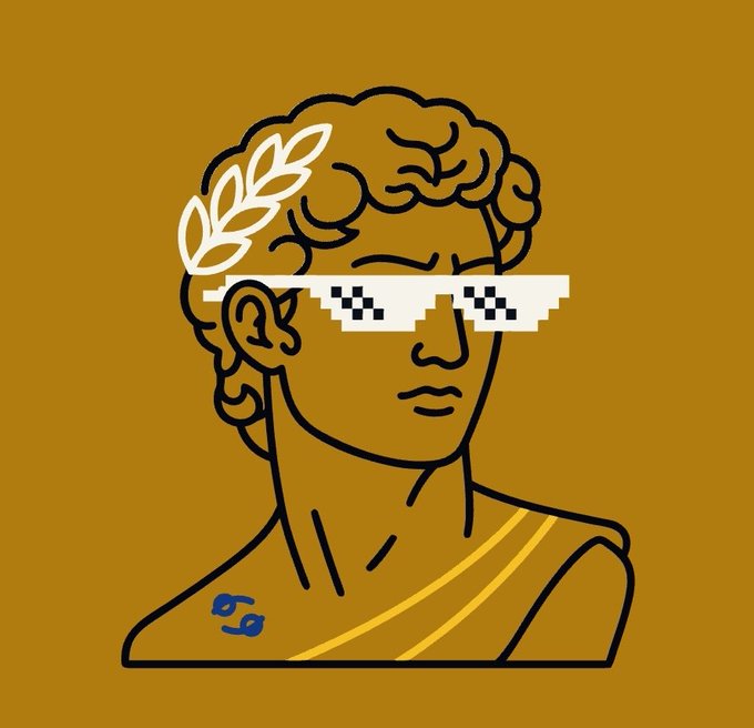 A stylized line-art illustration of a classical bust wearing pixelated "deal-with-it" style sunglasses and a laurel wreath on a mustard yellow background.