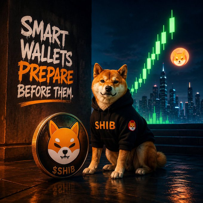 A promotional image for Shiba Inu (SHIB) cryptocurrency featuring a Shiba Inu dog wearing a 'SHIB' hoodie, a SHIB coin, and text reading 'SMART WALLETS PREPARE BEFORE THEM' against a city skyline with green candlestick charts.
