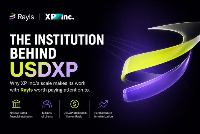 A promotional banner for 'Rayls' and 'XP Inc.' titled 'THE INSTITUTION BEHIND USDXP' highlighting its Nasdaq-listed financial institution status, millions of clients, and live USDXP stablecoin.
