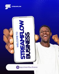 Advertisement graphic for StreamFlow Finance with the text 'WELCOME TO STREAMFLOW BUSINESS', featuring a person holding a smartphone against a blue background.