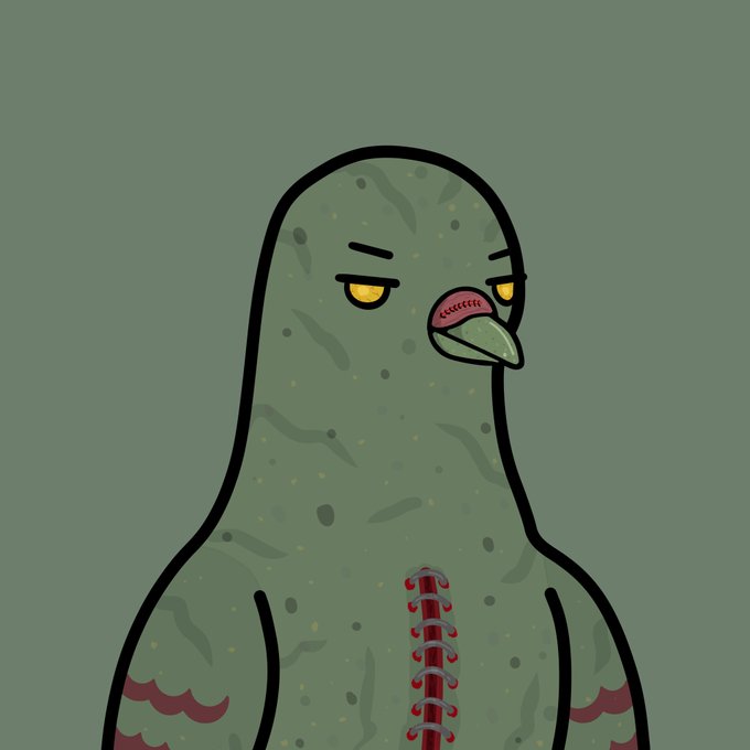 A cartoon illustration of a green, spotted creature or monster with yellow eyes, a beak-like nose, and red-tipped appendages, with stitches running down its chest against a gray-green background.