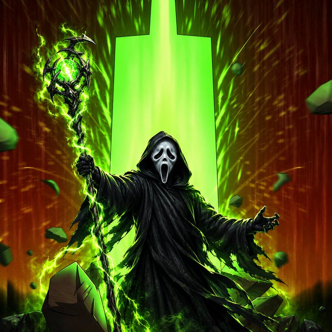 A hooded, masked figure in ragged black robes holds a glowing green staff amid floating debris and a bright green portal.
