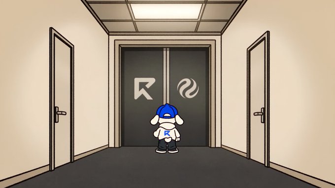 A cartoon character wearing a blue cap and shirt stands in a hallway facing a set of double doors marked with the Rok symbol, flanked by two side doors.