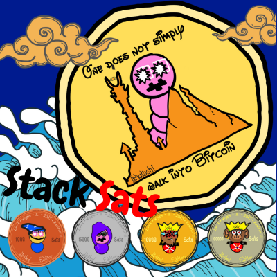 A cartoon-style Bitcoin-themed illustration showing a pink worm character on a Bitcoin logo with the text 'This does not simply' and 'Stack Sats' (@DMC into Bitcoin), surrounded by stylized waves and four character coin medallions.